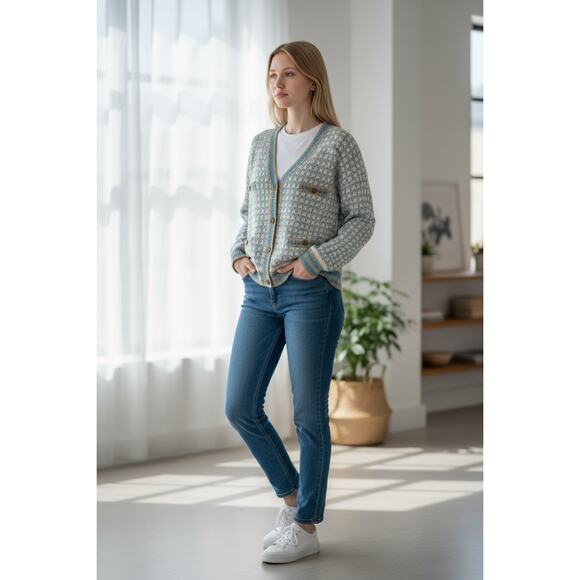 2/$30 SHEIN Cardigan Size XL Blue Cream Plaid Button Up Soft Thick - Picture 3 of 6